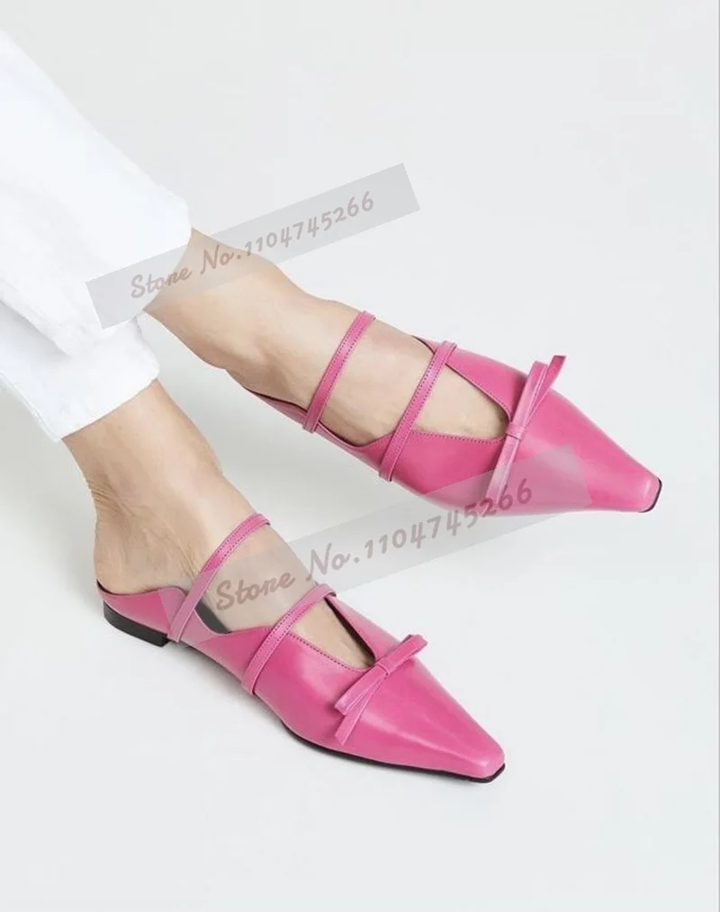 Pink Satin Butterfly-Knot Flat Fashion Mules Pointed Toe Bowtie Slip-On Modern Slippers Shallow Elegant Sandals Beach Shoes