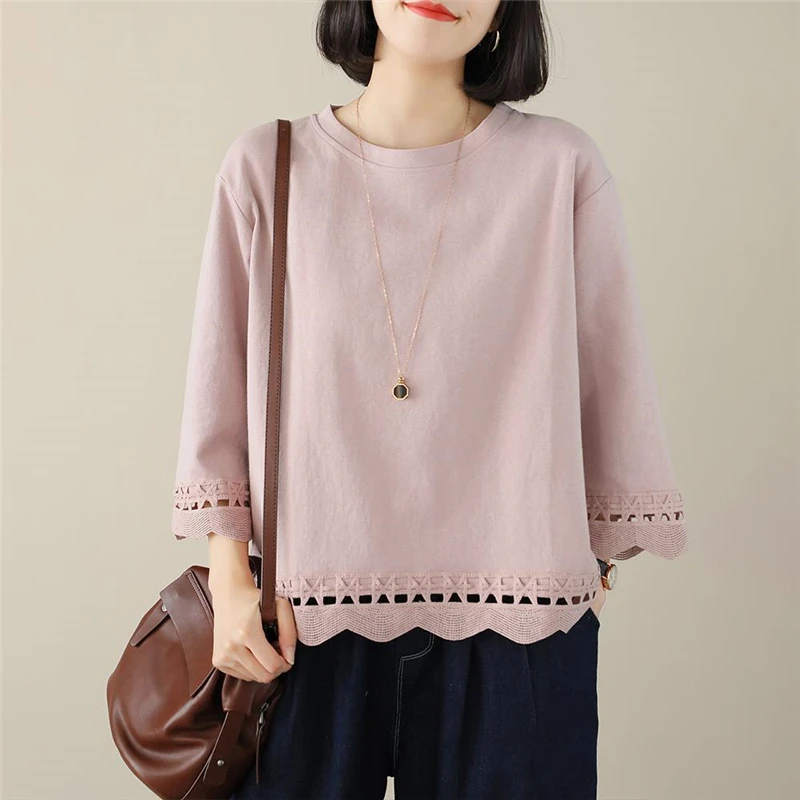 Women\'s Vintage Simple Casual All Match Cotton T-shirts Korean Fashion Hollow Three Quarter Sleeve Loose Top Female Clothing2023