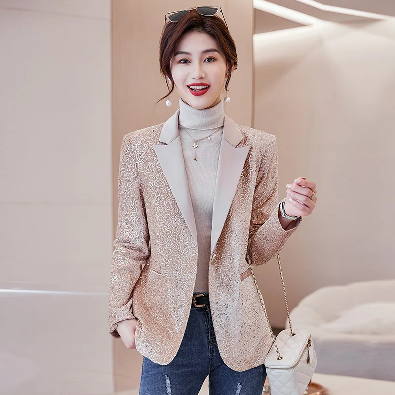 Spring Women Sequined Small Blazer Feminino Shining Pockets Long Sleeve Outerwear Vintage Female Casual Office Lady Work Tops