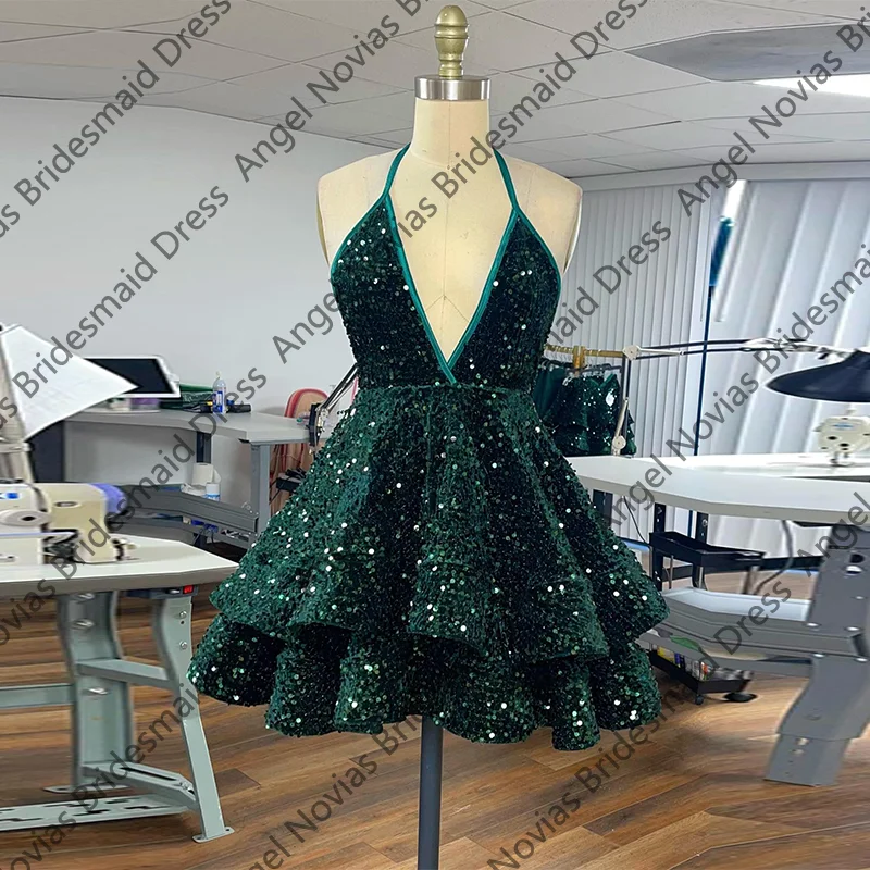 

Мини-темно-зеленое платье для выпускного вечера по индивидуальному заказу, 2021, многоярусная юбка с лямкой на шее, Vestidos De Gala, выпускные платья для дня рождения
