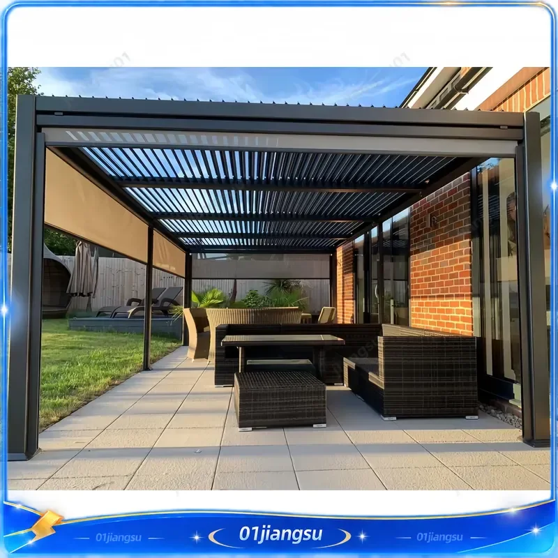 Motorized Adjustable Louver Pergola Bioclimatic Aluminum Gazebo with Tempered Glass Roof Powder Coated Custom Canopy for