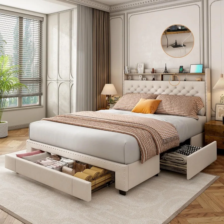 Queen Size Bed Frame with Storage Drawers and Charging Station Velvet Upholstered Platform Bed Frame 2Tier Storage Headboard LE