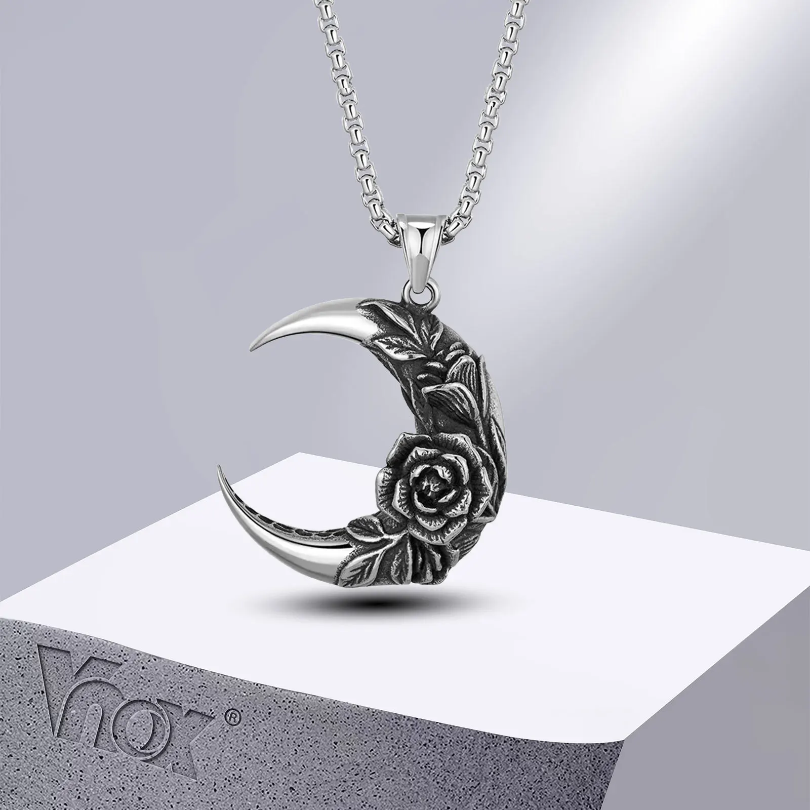 Vnox Big Moon with Rose Pendant Necklace for Men Women, Unisex Cool Plant Collar, Gothic Punk Rock Jewelry