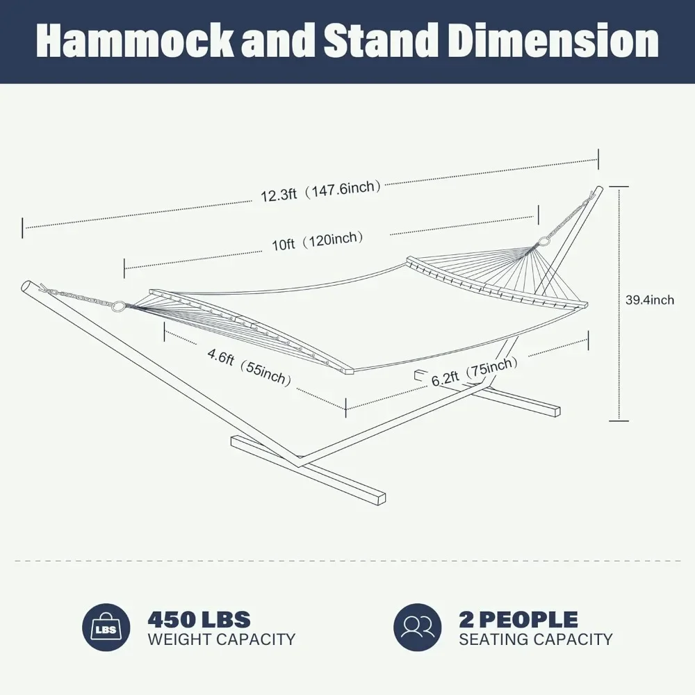 12FT Double Quick Dry Hammock with Curved Bamboo Spreader Bar,Outdoor Patio Two Person Hammock with Portable Steel Stand,450 Lbs