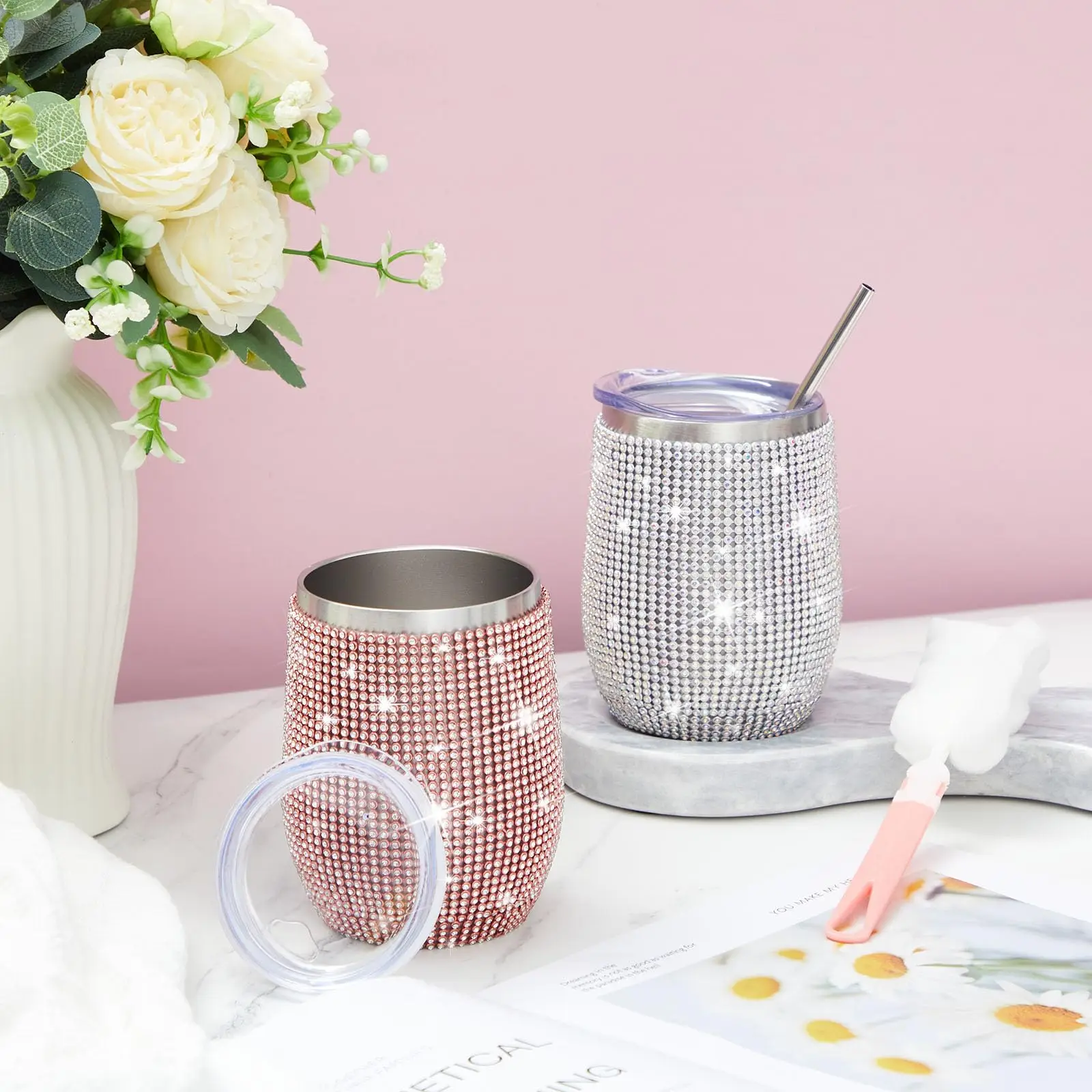 12 oz Bling Rhinestone Water Bottle Stainless Steel Wine Tumbler With Lids Straws Glitter Cup Champagne Party Bridemaid Gift