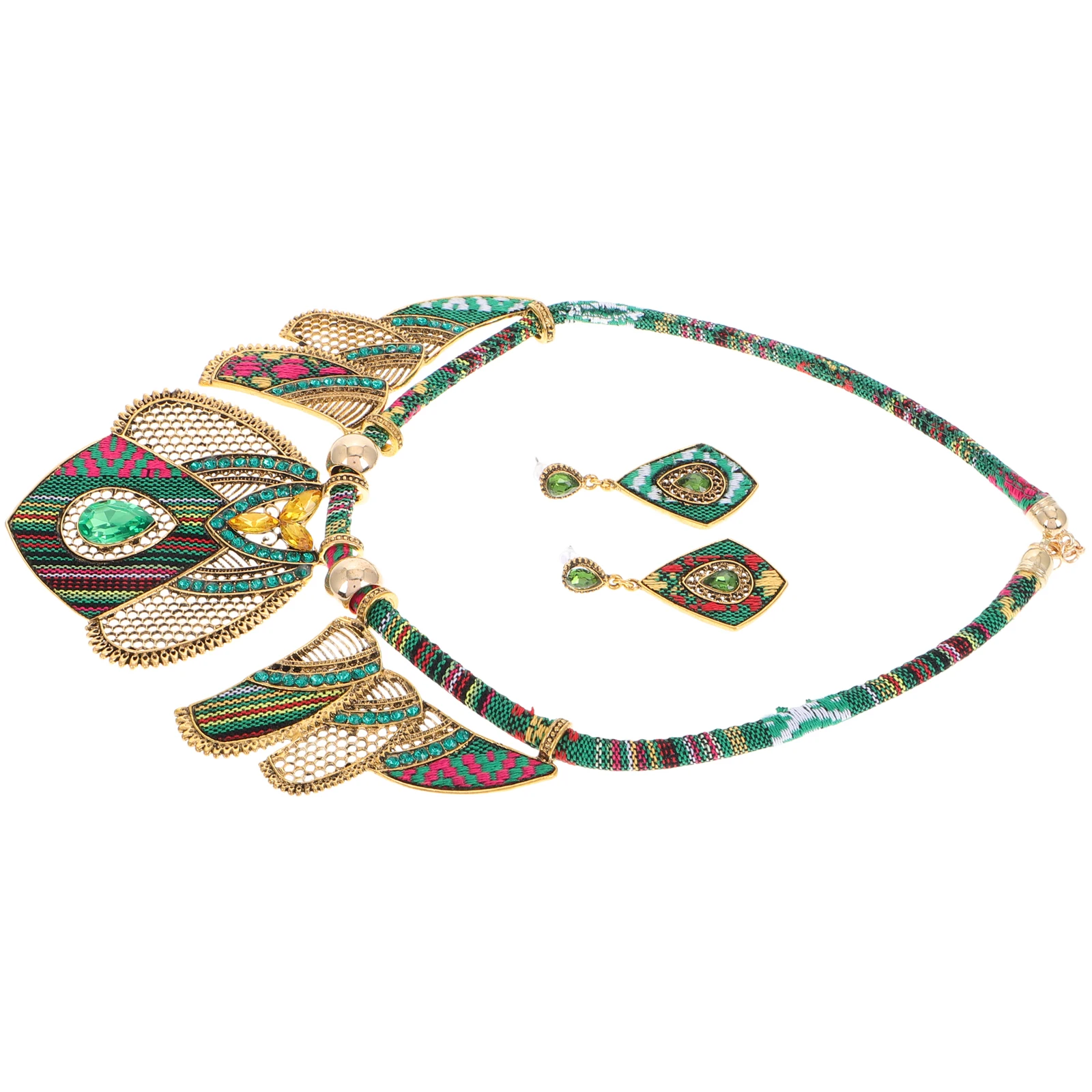 

Bohemian Necklace Earrings Set Women Chunky Jewelry Boho Ethnic Fashion Statement Costume Green Alloy Long Serving Safe