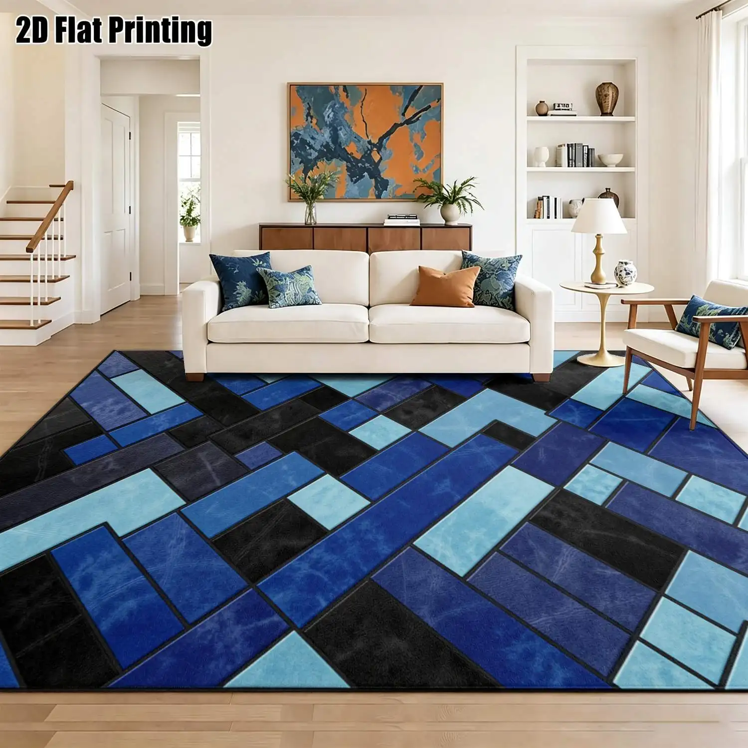 1Pc 2D Printed Geometric Patchwork Carpet, Blue & Black Modern Simple Rug for Instagram/Nordic Decor, Multiple Sizes, Machine Washable, Ideal for Entryway, Dining Room, Foyer, Study, Living Room, Bedroom.