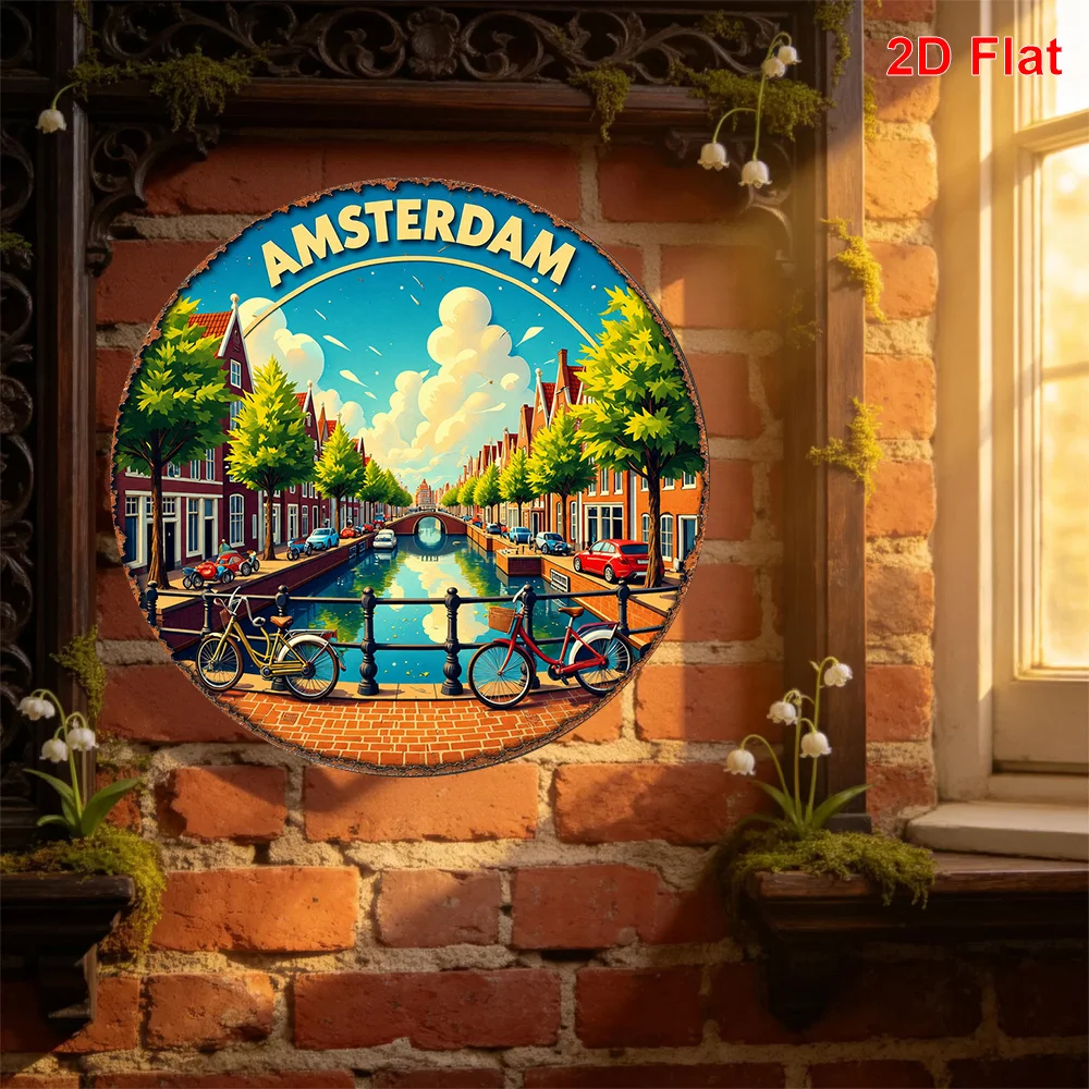 2D Flat Amsterdam Canal Scenery Pattern Metal Aluminum Sheet Sign, Round Decorative Art,
