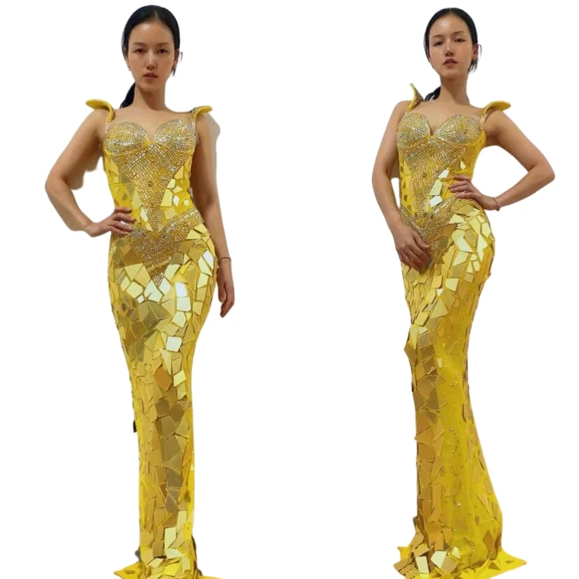 Sexy gouden spiegeljurk voor dames, Halloween cosplay kostuum lovertjes avondjurk, glanzende podiumvoorstelling feestjurk