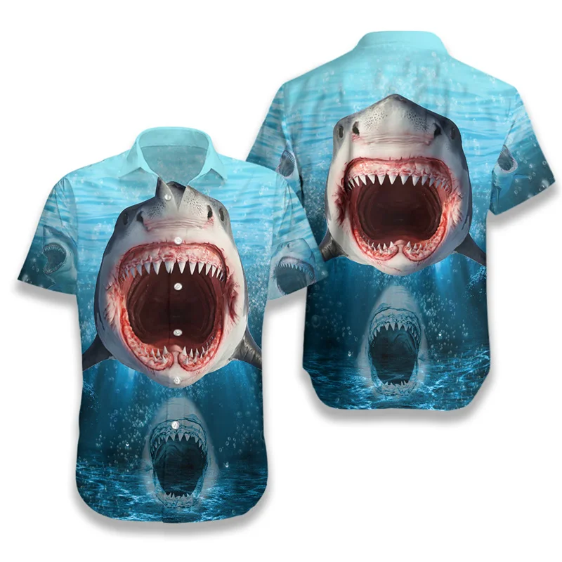 

Horror Shark Shirts For Men Personality 3D Print Lapel Short Sleeve Quick Dry Shirts Summer Funny Leisure Y2k Trend Blouse Top