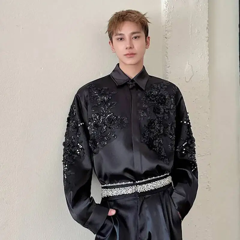 WVGA Spring Summer New Men's Tide Techwear Niche Design Sequin Embroidered Long Sleeve Shirts Loose Chic Casual Shirt Ins W7468