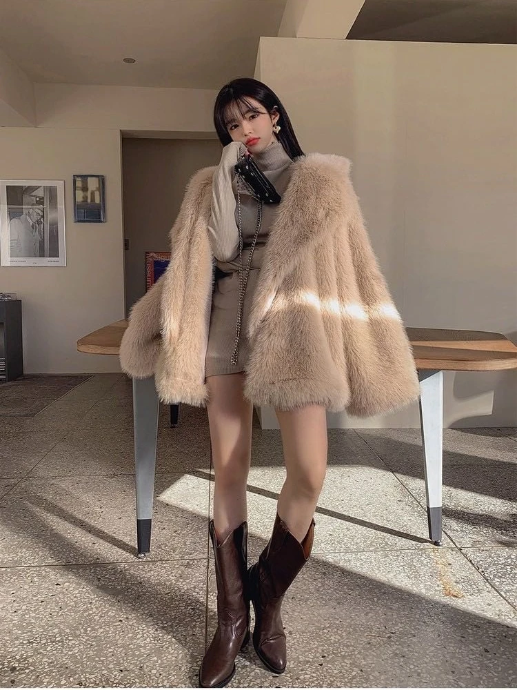 Trendy Loose Women's Fur Coat  Fur Jaet Eco-friendly Ele Street Sle Warmth Long Sve Mid-Length Korean Sle