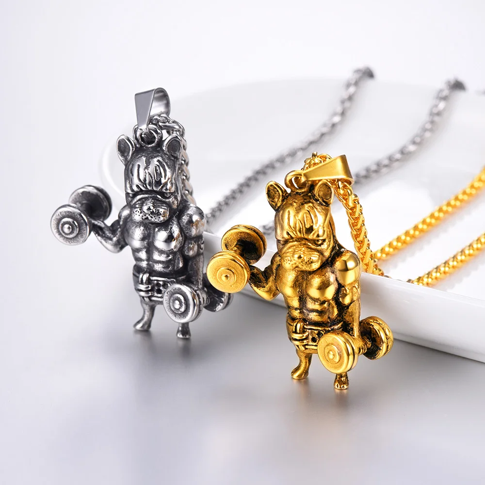 

U7 Bulldog Dumbbell Necklace Stainless Steel Musle Dog Weight Lifting GYM Fitness Pendant Necklace for Sporty Men Women Unisex