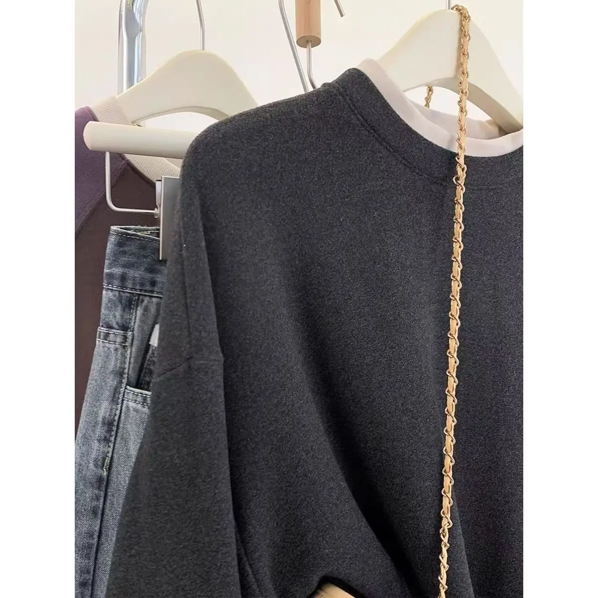 plus Size Women's Long Sleeve T-Shirt Korean Style Loose Fit Fleece Lined Base Layer Shirt Trendy Autumn Winter Slimming Top