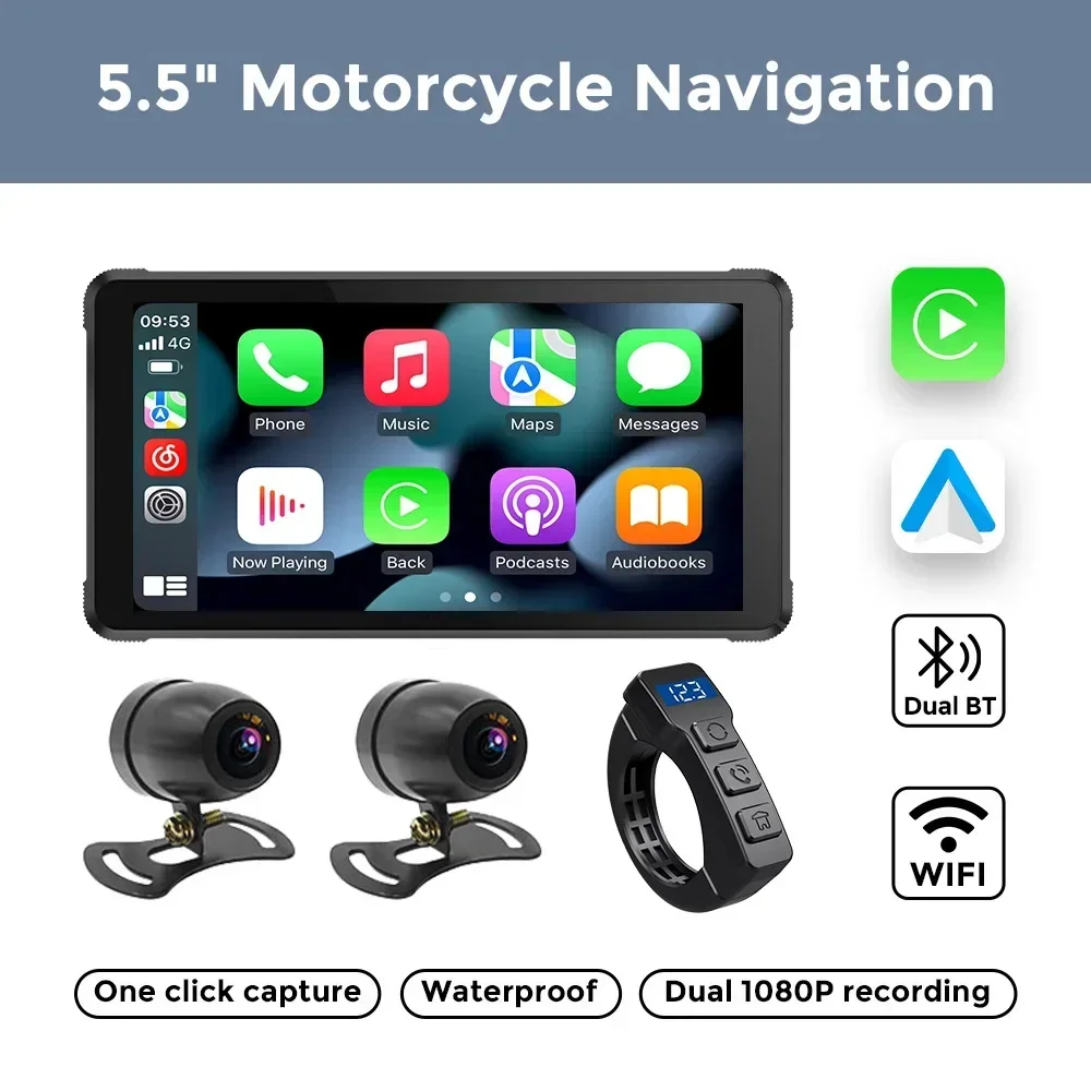 5.5'' Motorcycle Touch Screen GPS Navigator Dual BT IP67 Waterproof Wireless CarPlay Android Auto Connected View Camera in Time