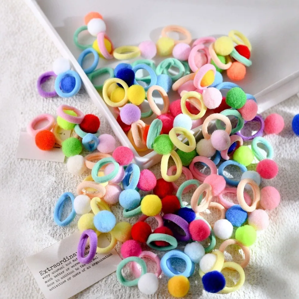 

50pcs Thumb Ring Hairband Little Girls Fluffy Ponytail Newborn Colors Pompom Ball Elastic Hairband Baby Girls Cute Hair Circle