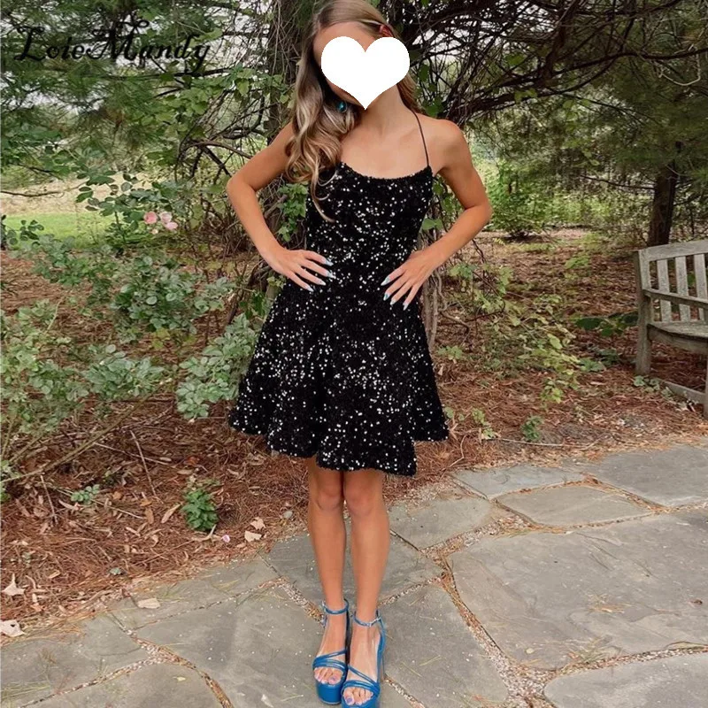 

Black Sequin Halter Neck Graduation Dresses Spaghetti Criss Cross Back Short Vestido De Festa Homecoming Birthday Party Dress