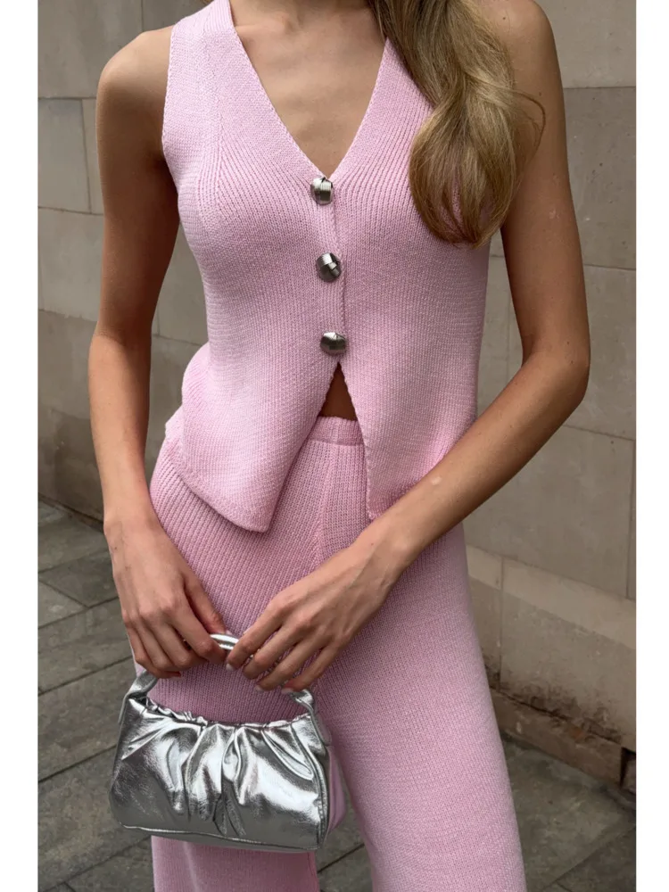 Arctic Cat Mode Gebreide Trui Tweedelige Set Voor Vrouwen Knop V-hals Vest Top Lange Broek Set Zomer Nieuwe 2025, Casual Streetwear