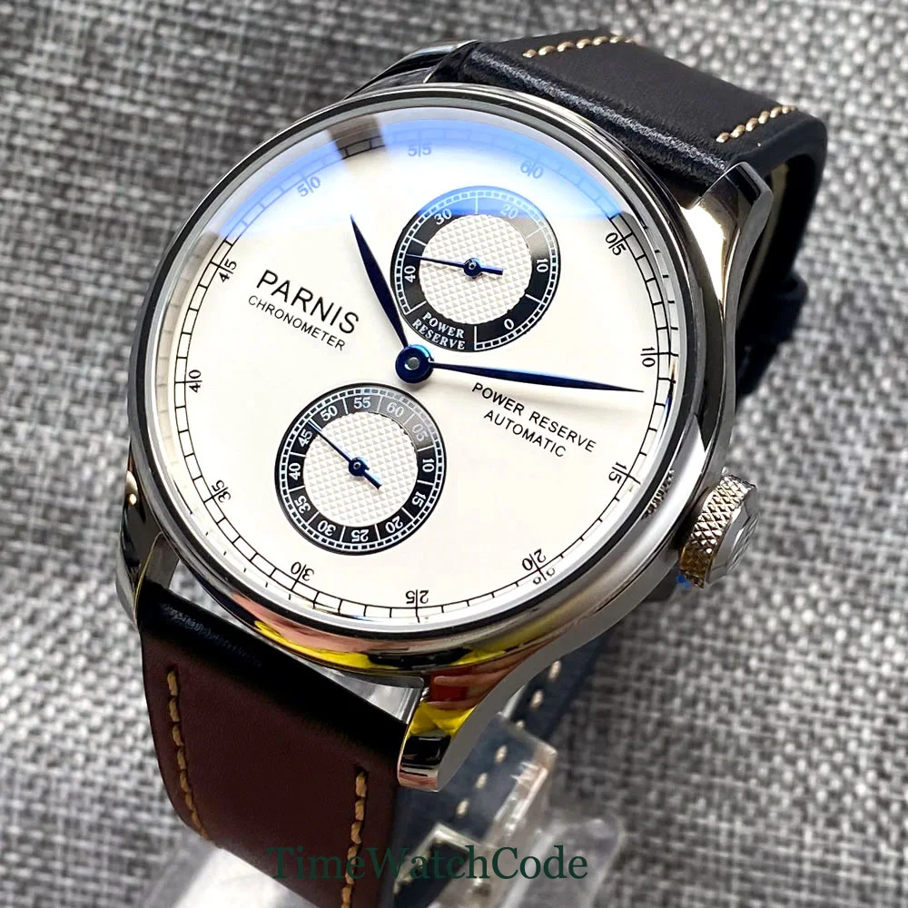 

43mm Parnis Automatic Mechanical Men's Watch ST 2542 White Dial Power Reserve Display Small Seconds Black Leather Strap 316L