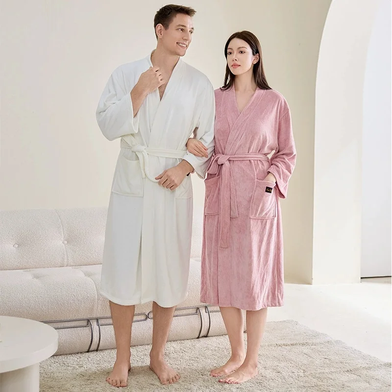 Unisex Soft Solid Bathrobe for Women Men Couple Absorbent Hotel Home Wearable Towel Beauty Salon Bath Robe Long Nightgown XL