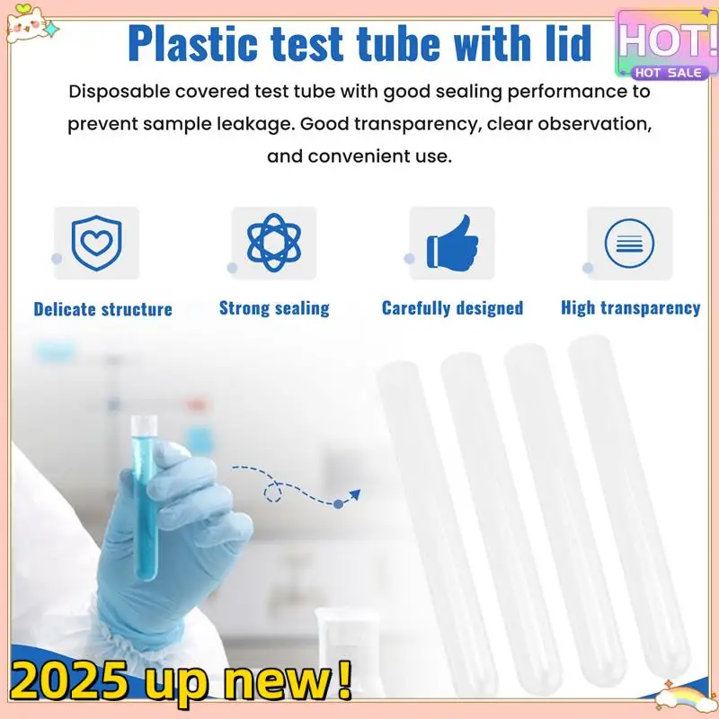 Classy-100Pcs Clear Plastic Test Tube With Cap 12X100mm U-Shaped Bottom Long Transparent Test Tube Lab Supplies
