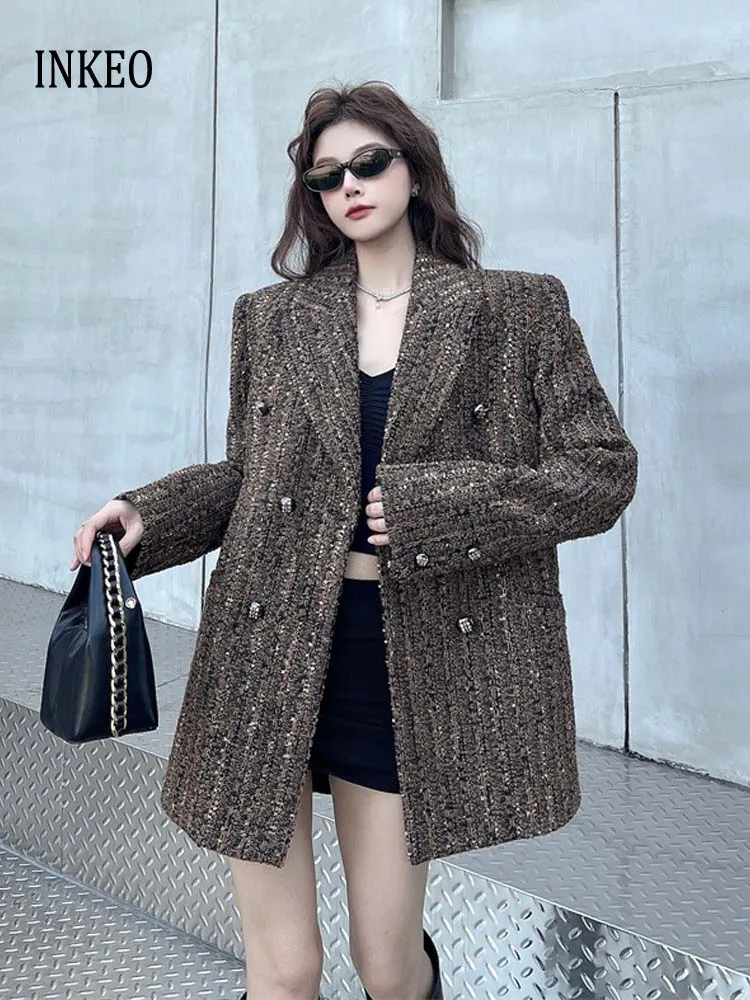

Luxury Tweed blazer for women Oversize 2026 Spring autumn Vintage Double breasted jacket Notched collar coat Design INKEO 5O124