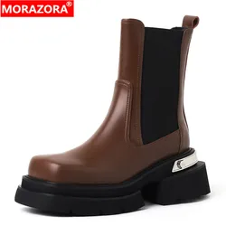 MORAZORA 2024 nowe buty z prawdziwej skóry damskie kwadratowe obcasy botki na platformie jesienne damskie grube Chelsea Boots