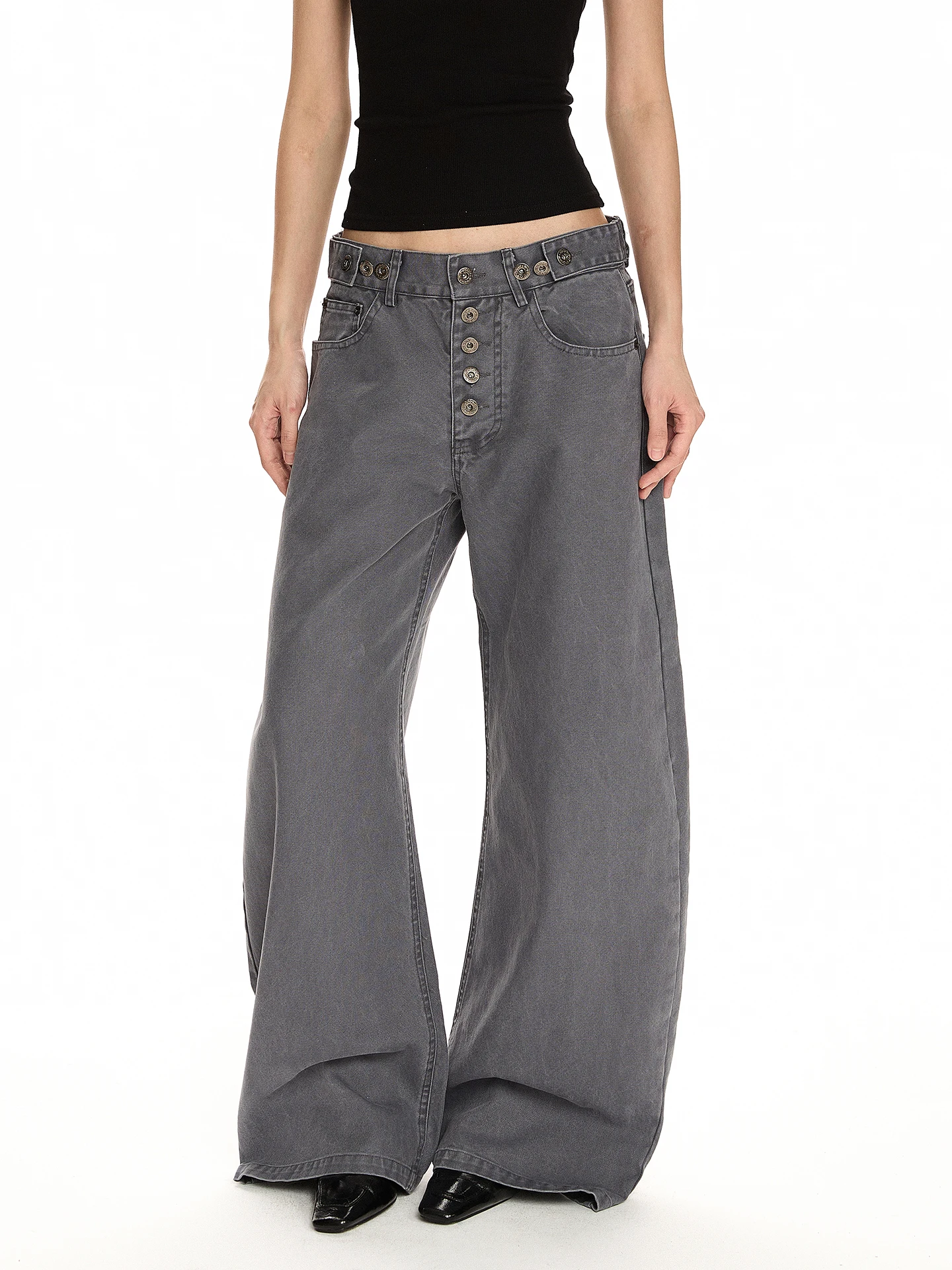 

Винтажные прямые повседневные брюки PUEE с регулируемой талией на пуговицах, рабочая одежда из хлопка с прямым кроем, модель Ciwalk Trou...