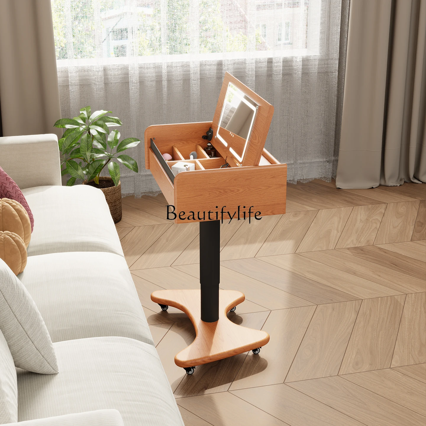 

Lifting bedside table, dresser, solid wood removable desk with led makeup mirror, small