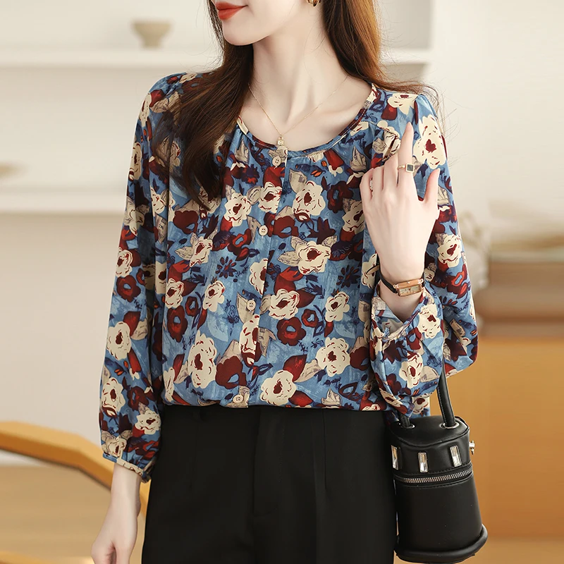 Women Spring Elegant Lady Loose Floral O-neck Long Sleeve Shirts Women Clothes Casual All-match Appear Thin Office Lady Tops