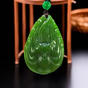 Green Real Jade Nine Tailed Fox Pendant Necklace Charm Fashion Carved Jewelry Men Accessories Natural Jasper Luxury Gemstone