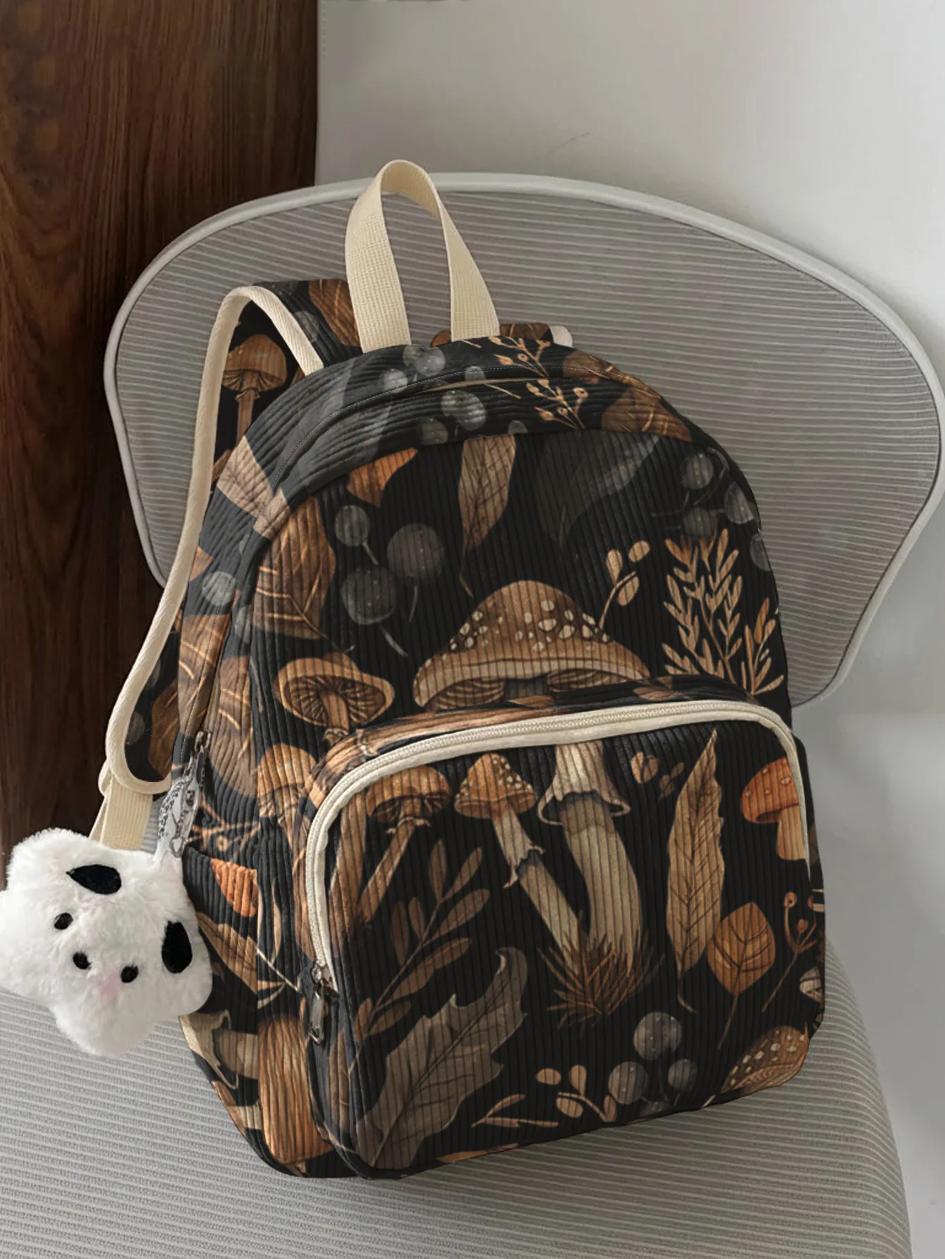 Dark Forest Mushroom & Foliage Print Women Fashion Backpack Corduroy Multi-pocket Large Capacity Commuter Bag
