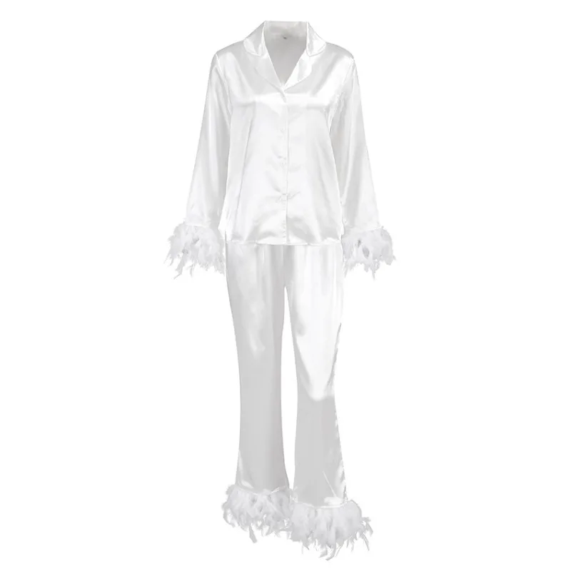 Women's Silk Satin Pajamas Set Feather Trim Cuff 2 Piece Loungewear Long Sleeve Button Down Shirt Pants Set Sleepwear