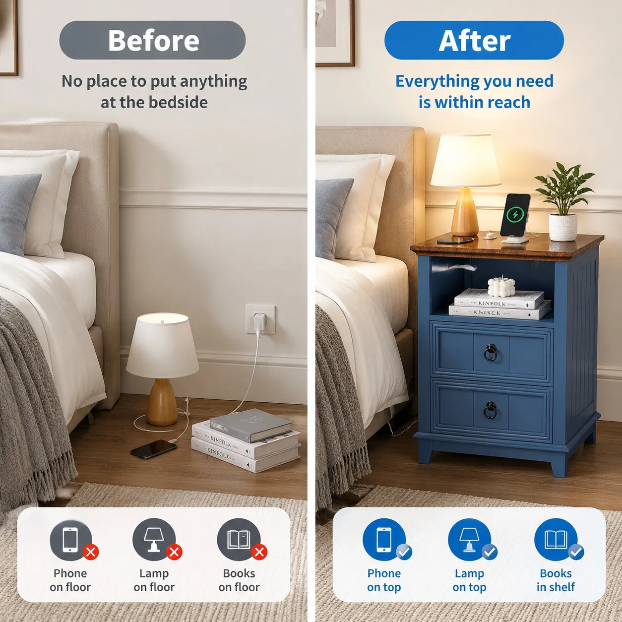 Modern Fluted Nightstand with USB Charging Station, 2 Drawer Side Table with Open Storage Shelf, Wooden Bedside Cabinet for Home