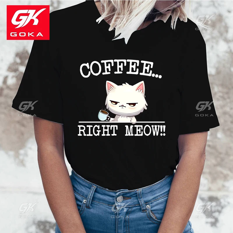 Fashion New Coffee Right Meow Cotton T Shirt  And Women Cartoon T Shirts Harajuku Streetwear Hip hop Casual Tops Unisex Tees