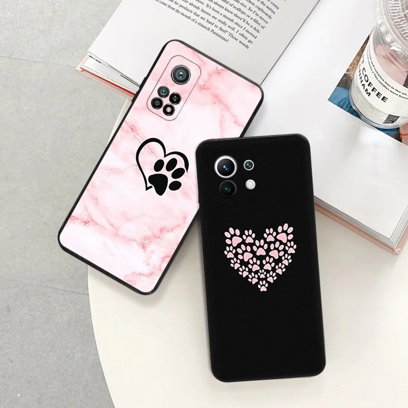 Matte Phone Case For Redmi Note 11 Pro 10 11s 10s 10a 10c Xiaomi 11t 10t Note10 Lite Cute Dog Paw Print Marbel Black Soft Cover