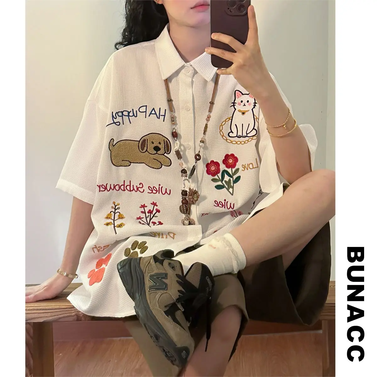 

Summer American Retro Hong Kong Style Dog Embroidery Short Sleeve Loose Waffle Pattern Men's Shirt Casual Loose Fit Shirt