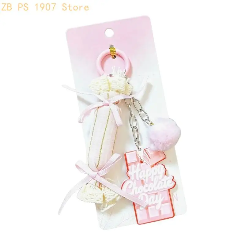 Decorative Bag Charm Keychain with Fabric Candy Body, Ribbon Lace Plush Detail and Acrylic Plaque, 10 Accent 55KA