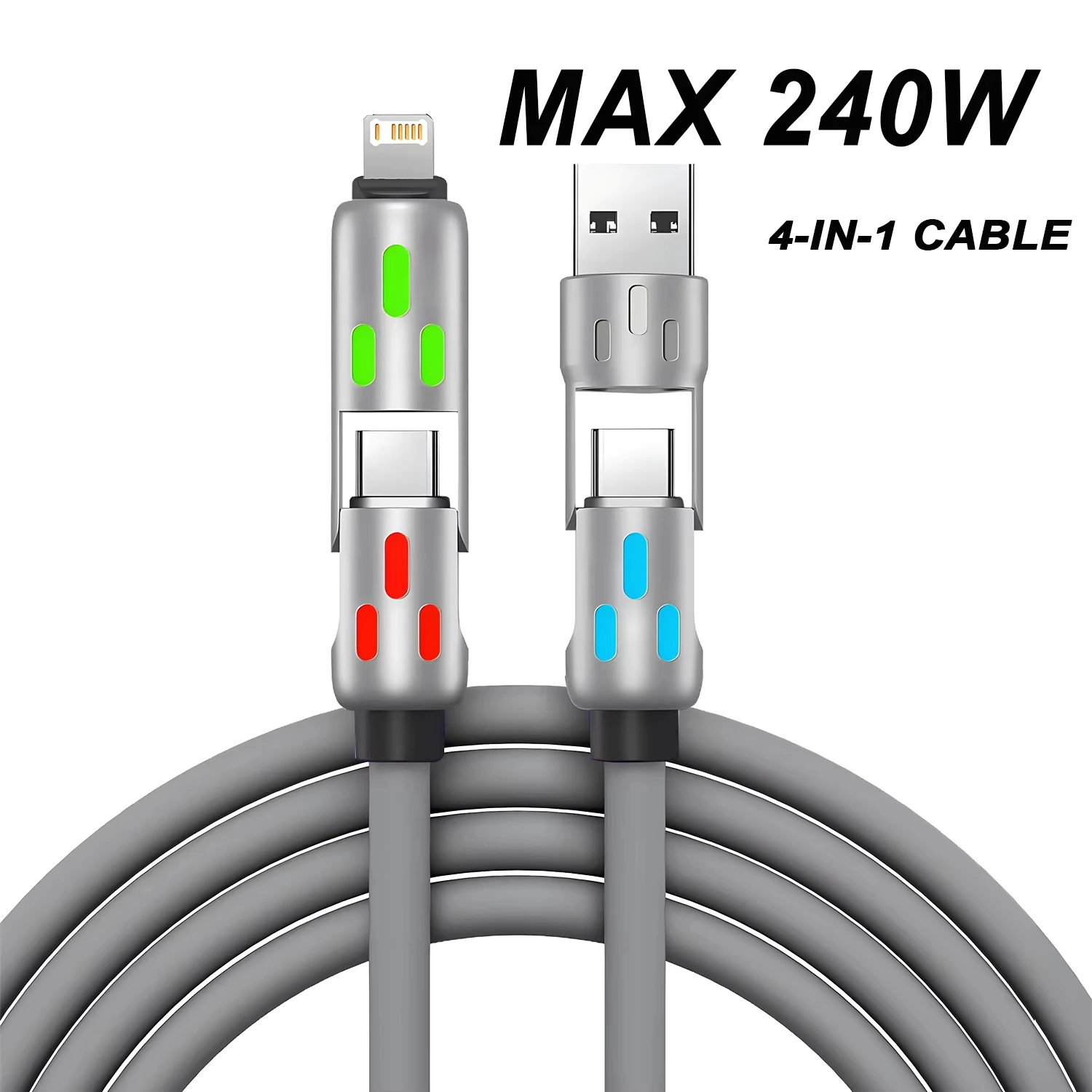 New USB to Type-C 1.2-meter mobile phone 240W fast charging silicone data cable 4-in-1 multi interface rotary adapter