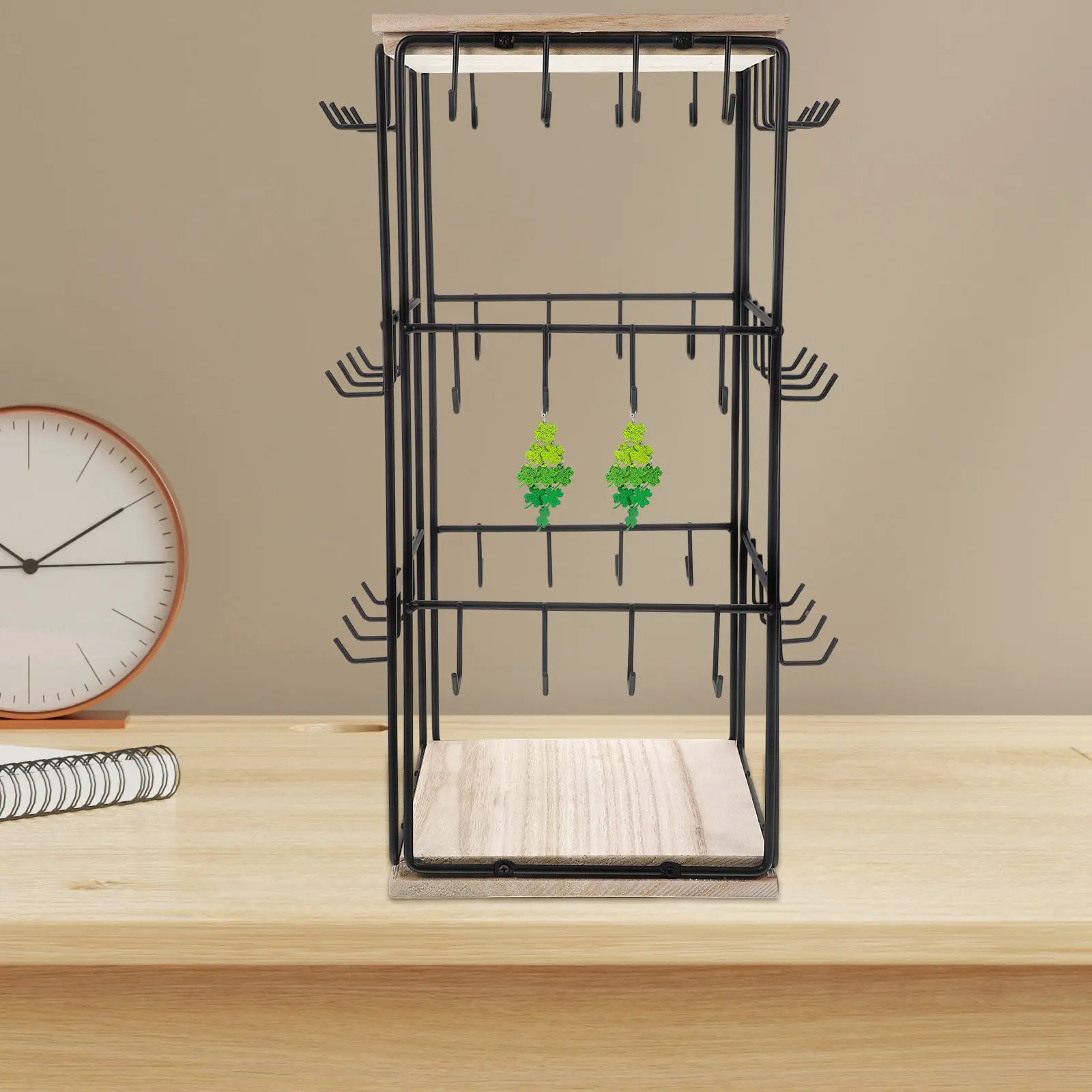 

Rotating Wooden Jewelry Display Stand Natural Wood Finish Multi-Function Organizer for Earrings Rings Bracelets Vanity Dresser
