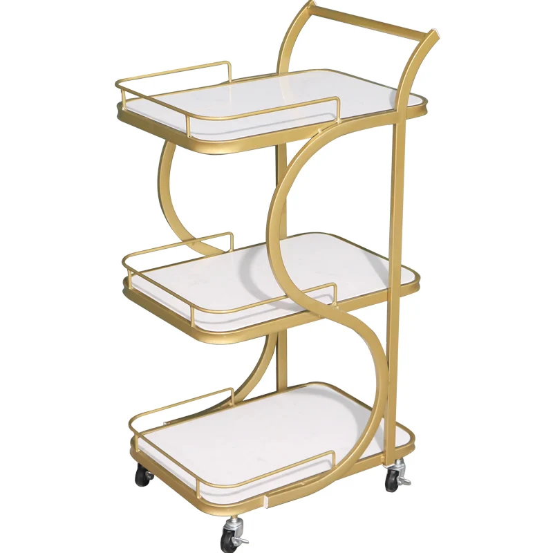 Hand Carts Restaurant Coffee Shop Hotel Food Tea Wine Desert White Gold Metal Marble Serving Service Cart& Trolleys With Wheels