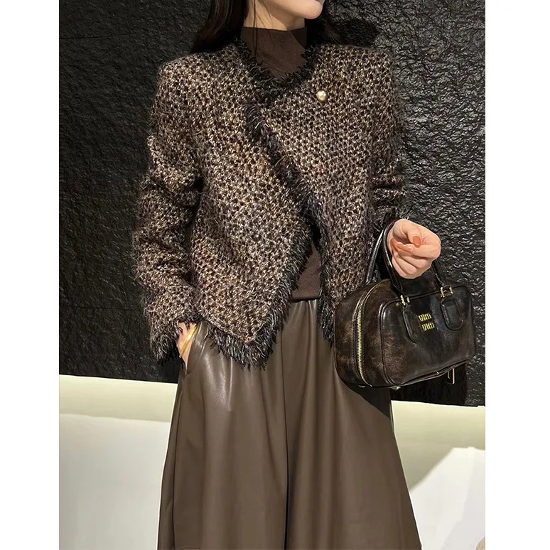 Wool Tweed Jacket + Skirt, Burr Edge Suit, Spring Women's Tweed Short Coat PU Skirt Set Coat Women Winter Jacket