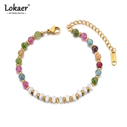 Lokaer Y2K Colorful Natural Stone Beads Chain Bracelet for Women Trendy Bohemia Stainless Steel Handmade Jewelry браслет B24096