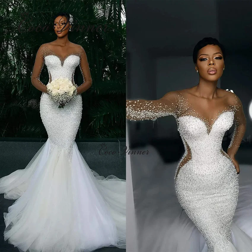 

Customized Full Sleeves Pearls Beading Luxury Mermaid Wedding Dress For Africa Women Chapel Train Lace Up Bride Dresses W1466
