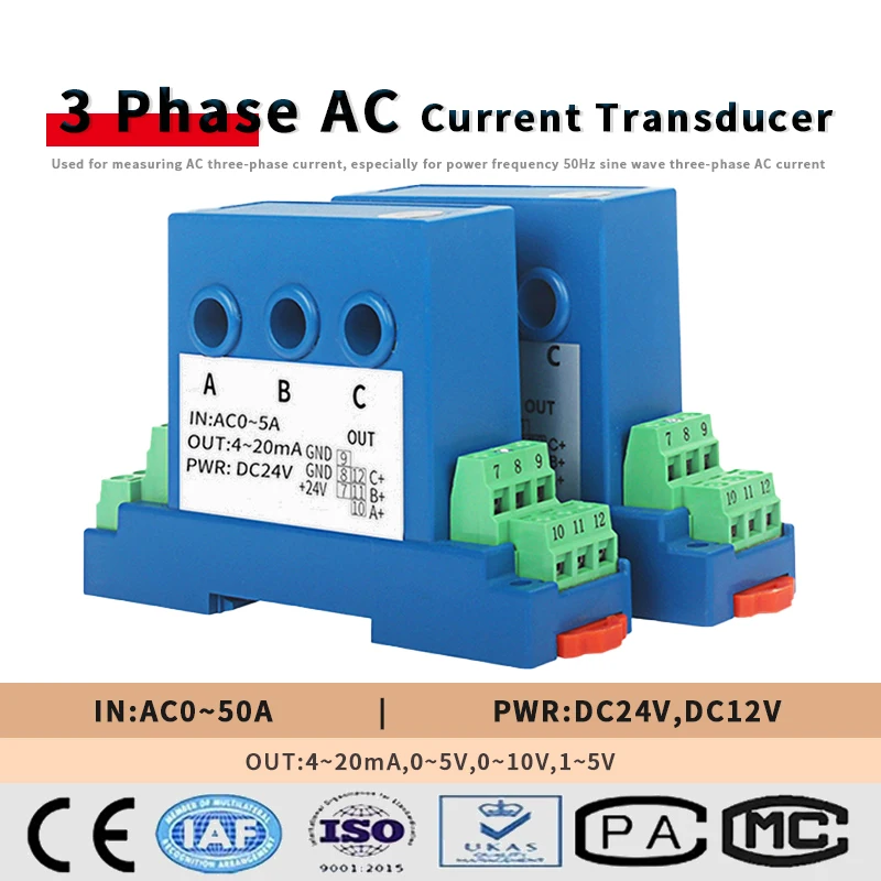 

3 phase AC Current Sensor Transmitter AC0-5A 10A 40A input 4-20mA 0-10V Isolated Output Conversion Module perforated current tra