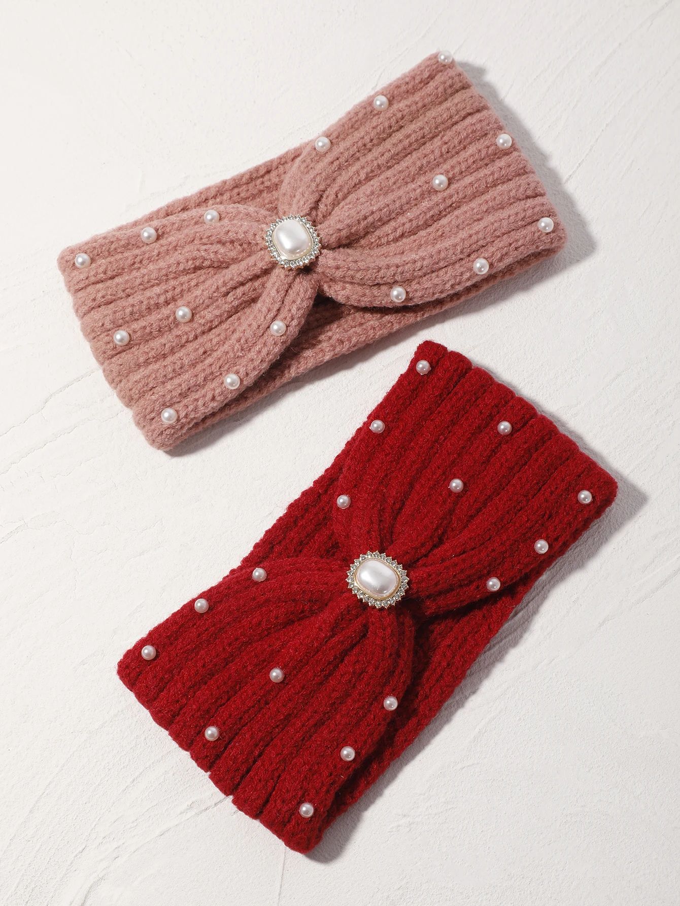 2Pcs Wool Bow Knotted Headband Pearl Knitting Turban Solid Color Woven Warm Elastic Hair Accessories Hair Bands for Girls Women