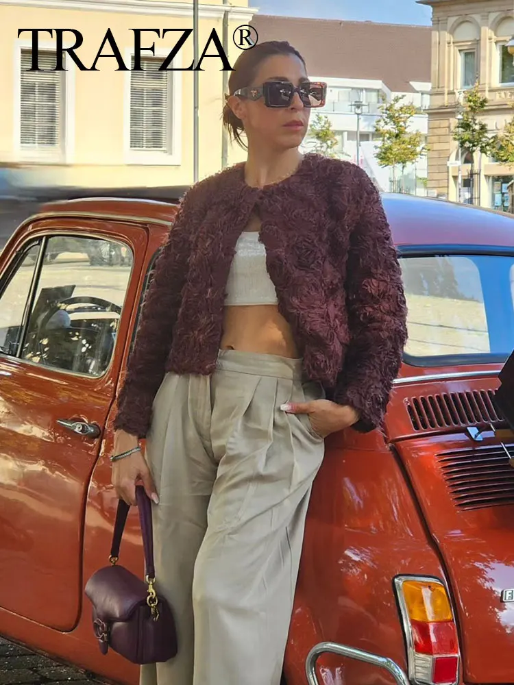 TRAFZA-abrigo liso con textura de flor 3D para mujer, cárdigan suelto de manga larga con cuello redondo, ropa de calle Vintage, prendas de vestir exteriores femeninas, Top