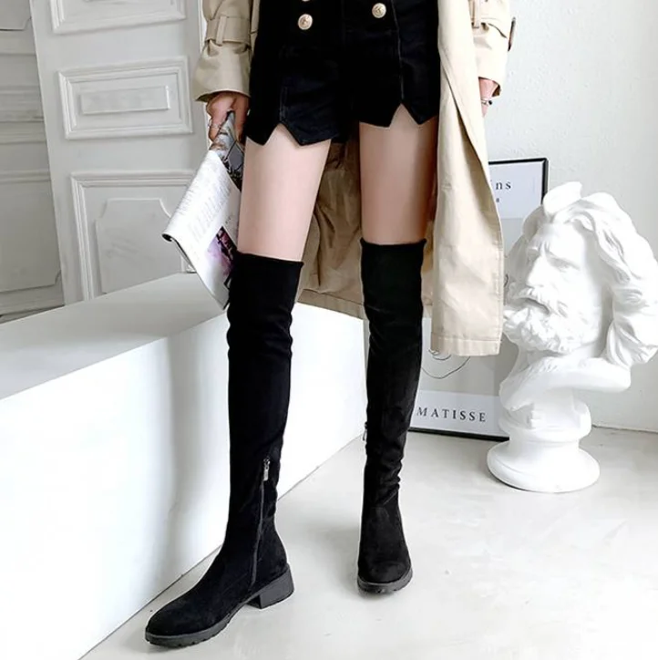 SIMLOVEYO 2027 Autumn Over Knee High Boots Fur Fashion Shoes 4cm High Heels Soft Flock Stretch Botas Large 41 42 43 US12
