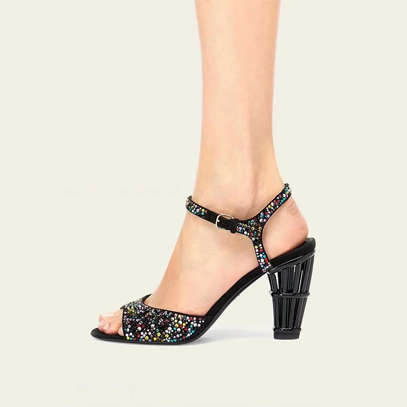 

Open Toe Colorful Rhinestone Sandals Strange Cutouts Heels Ankle Straps Buckle Bird Cage Heel Fashion Women Runway Dress Shoes