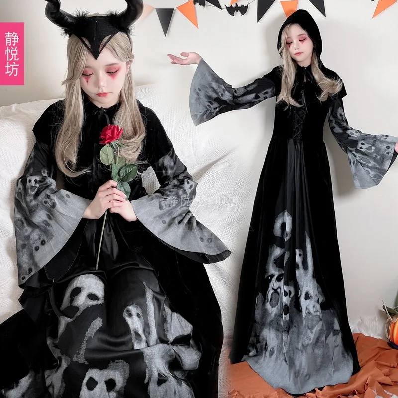 Evil Demon Witch Halloween Costume Black Long Hooded Gown with Skull Print Horn Headpiece Scary Vampire Outfit Carnival Cosplay